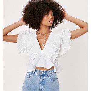 White Layered Ruffle V Neck Crop Blouse